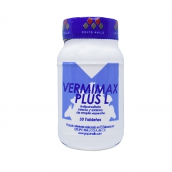 VERMIMAX PLUS frasco de 60 tabs. Y caja de 10 blíster x 10 tabs.